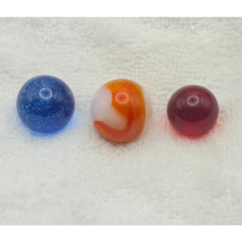 Vintage 1" Shooter Marble Lot Of 3 White Orange Blue Red Glass Marbles